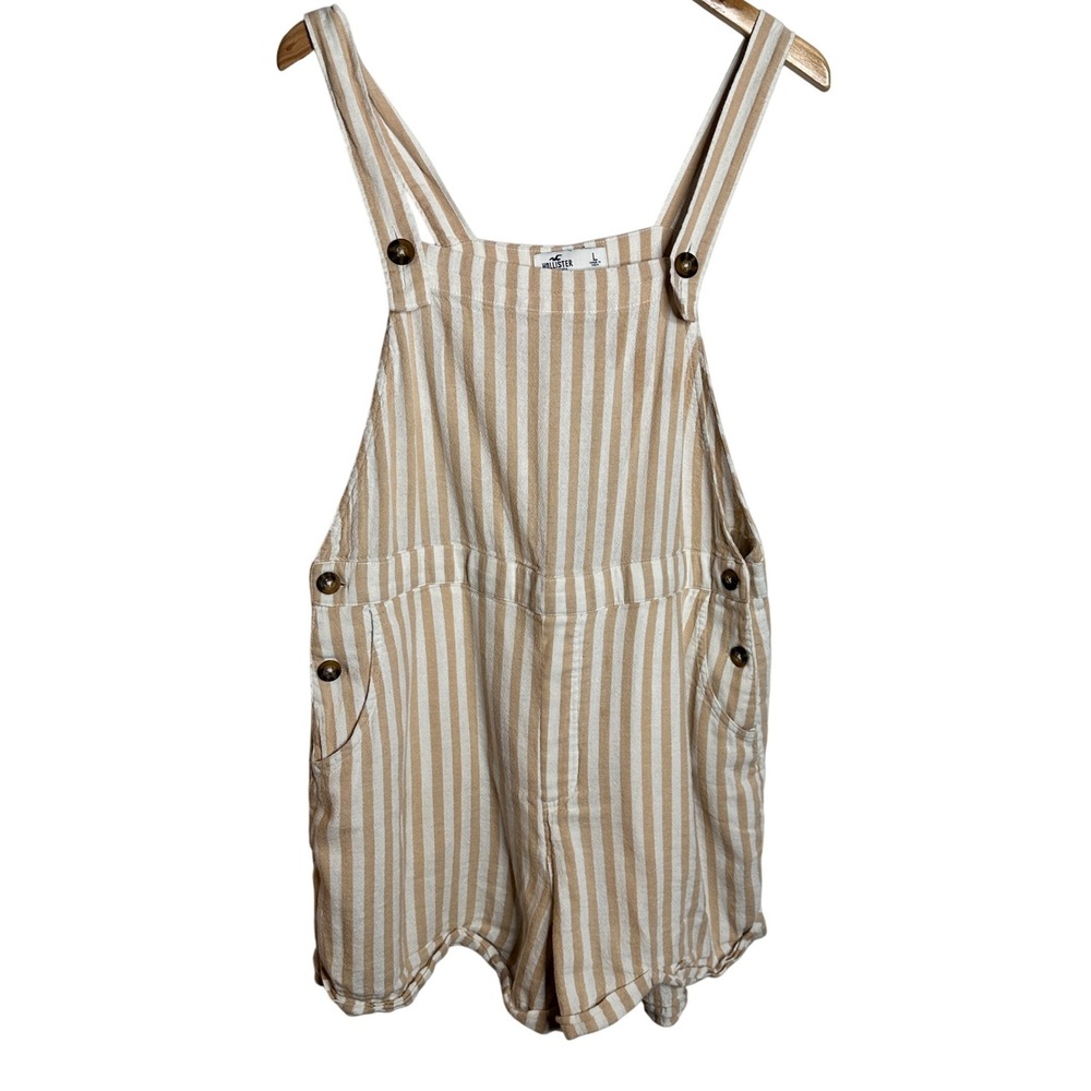 HOLLISTER Tan White Striped Linen Blend Shortall Overalls Romper L Coastal Boho